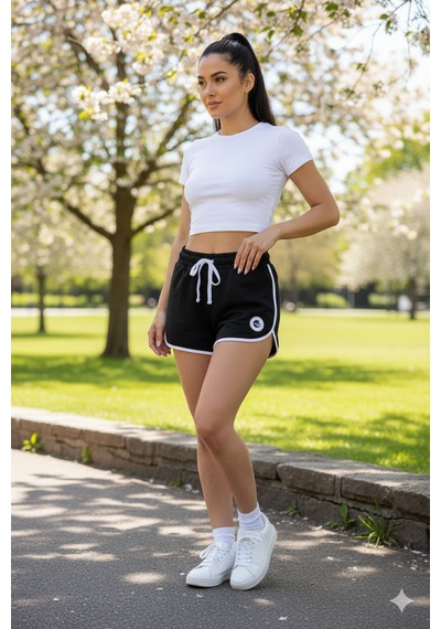 Machi Makiteks Kadın Siyah Yanları Beyaz Şeritli Spor Şort - Bağcıklı Mini Koşu Fitness Voleybol Şortu