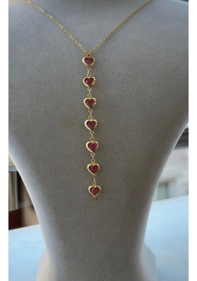 Kadın Gold Renk Zirkon Taşlı Kalpli Y Model Kolye 45 Cm Pembe