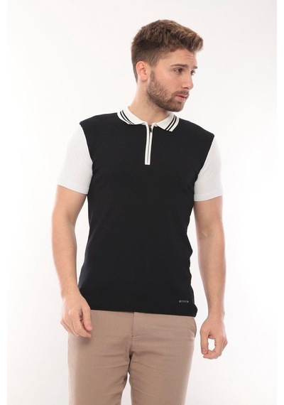 Fore Sport Tişört Kısa Kol Triko Polo Yaka Fermuarlı Siyah Beyaz