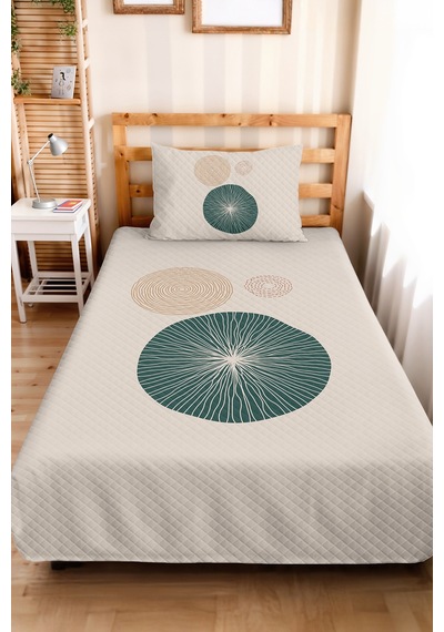 Geometrik Krem Genç Odası Tek Kişilik Pike Takımı - Petrol Hardal 160x220 Cm Kapitone Yatak Örtüsü Keten Saman Zemini