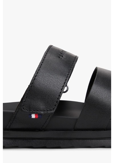 Tommy Hilfiger Erkek Ayarlanabilir Premium Siyah Deri Sandalet-13409 Siyah