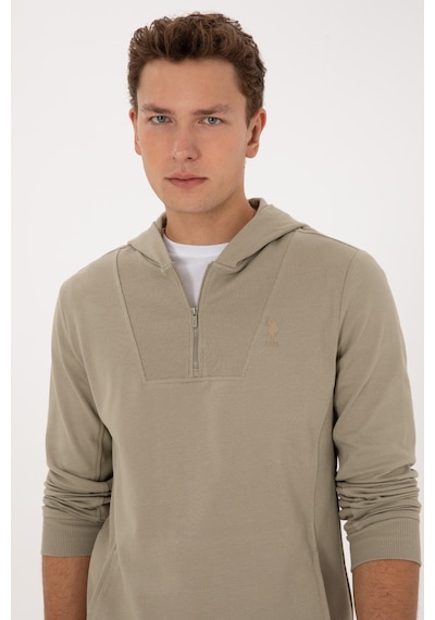 U.S. Polo Assn. Erkek Regular Fit Yarım Fermuarlı Kapüşonlu Açık Haki Sweatshirt 50316391-VR183