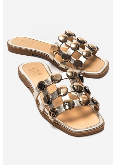 Luvishoes Bareon Altın Cilt Hakiki Deri Bantlı Altın Tokalı Kadın Terlik