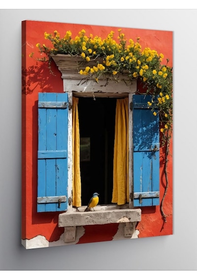 Kanvas Tablo Mavi Pencere Ve Çiçekler 50cmx70cm