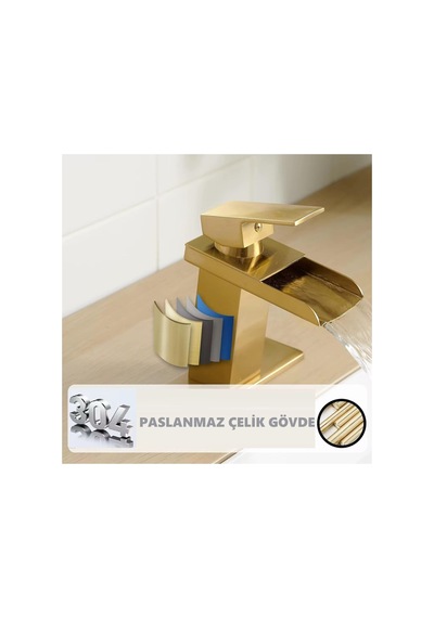 Rena Design Lavabo Bataryasi Mat Gold Şelale Kare Gövde Eğimli Havza Banyo Armatür Çift Giriş Lüks Ergonamik