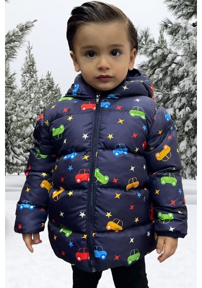 Erkek Çocuk Polarlı Kapüşonlu Gezegen Yıldız Desenli Kışlık Şişme Mont & Kaban & Parka Lacivert