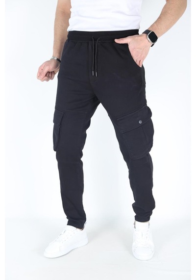 Myrab Denim Erkek Siyah Kargo Cepli Paça Bel Lastikli Likralı Kargo Cep Pantolon