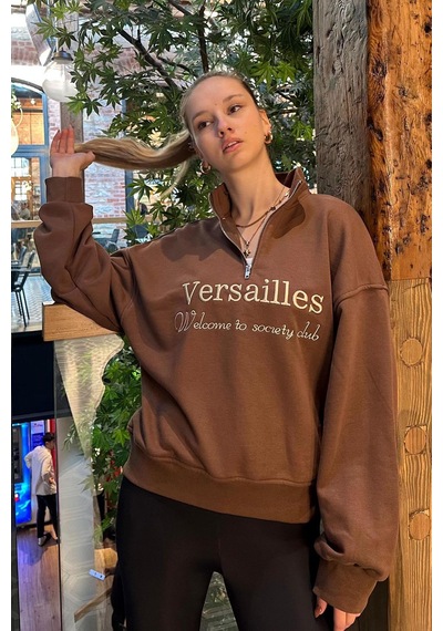 Madmext Kahverengi Yarım Fermuarlı Baskılı Sweatshirt Mg2240 Kahverengi