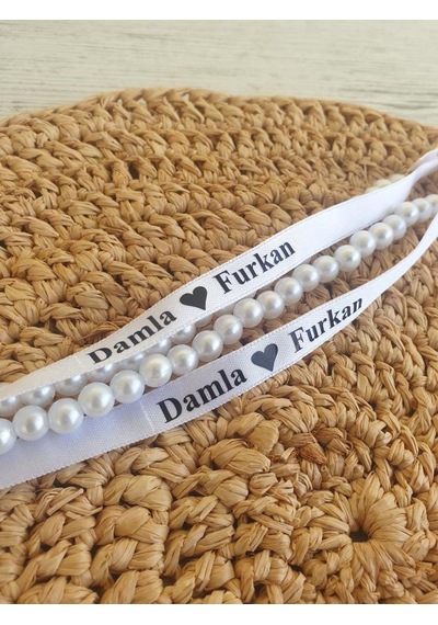Dökülen İncili Isimli Yüzük Kurdelesi Söz - Nişan Kurdelesi Beyaz