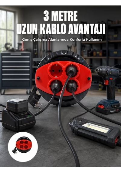 Hepsi 3 Metre Kablolu 4 Lü Kırmızı Priz Makara Najmaddin