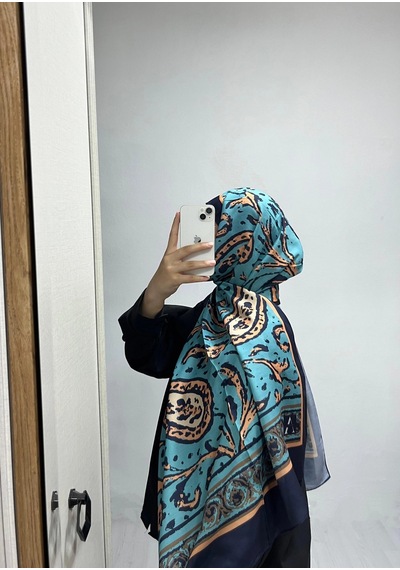 Modakaşmir Aminenesil Etnik Desen Mavi Lacivert Renk Soft Pamuk Şal