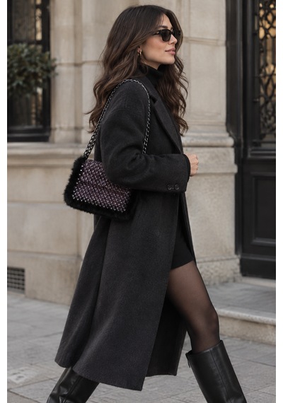 Luti Design Noir Elegance Siyah Tüylü Boncuk Çanta Siyah - Mor
