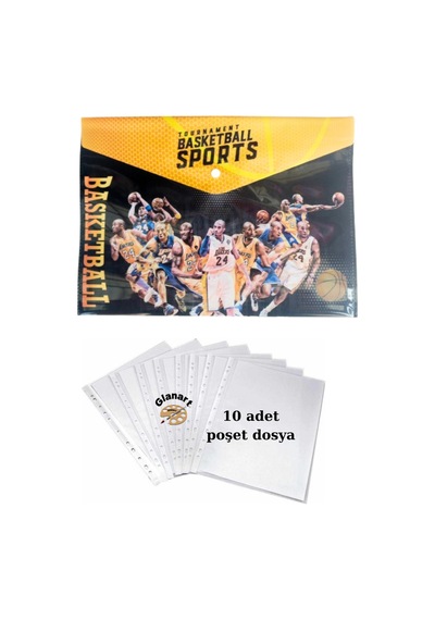 A4 Boy Çıt Çıt Ödev Dosyası +10' Lu Poşet Dosya Basketbool Sarı