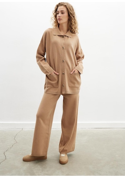 Peraluna Denise Cardigan Polo Yaka Geniş Kesim Pamuk - Yün Kadın Triko Hırka - Camel