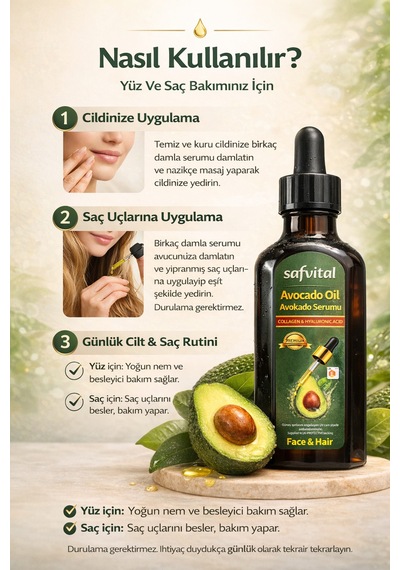 Safvital Avokado Yağı Serumu 100 Ml Kolajen Hyaluronik Asit Nemlendirici Cilt Ve Saç Bakım Yağı