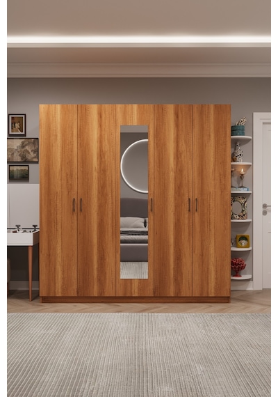 Asra Trend 5 Kapaklı Gardırop G-04 %100 MDF 2 Çekmeceli Aynalı Elbise Dolabı Petra