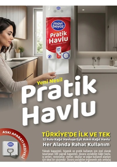 Mavi Beyaz Pratik Havlu 4 Adet 500 Yapraklı - Yeni Nesil Çok Amaçlı Kağıt Havlu Asma Aparatı Hediyeli