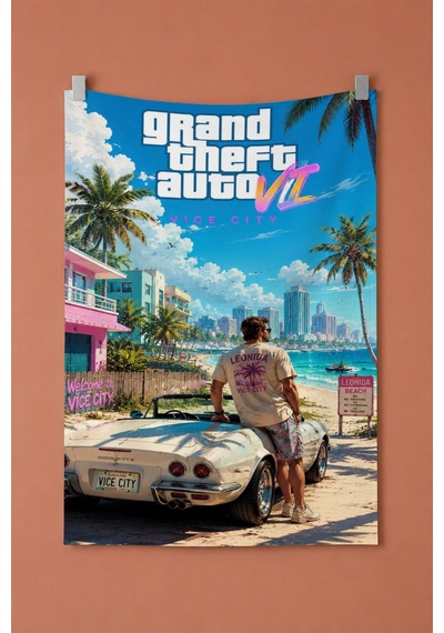 Gta 6 Sahil Araba Temalı Dekoratif Duvar Örtüsü Duvar Halısı Beyaz