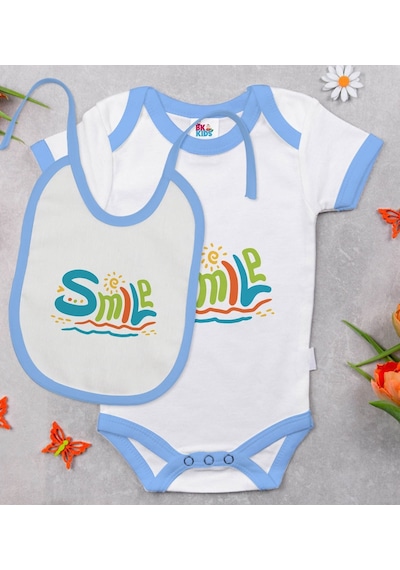Bk Kids Smile Tasarımlı Mavi Bebek Body Zıbın Ve Mama Önlüğü Hedi Çok Renkli