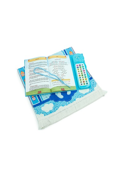 Namaz Öğreten Sesli Cihazlı Kitap Tesbihli Oğlumun Çocuk Seccade Seti Mavi