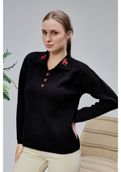 Kadın Polo Yaka Oversize Çiçek Nakışlı Triko Kazak Siyah Siyah