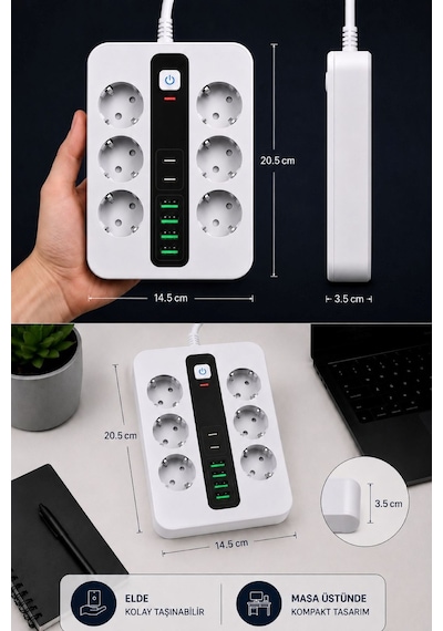 6'lı Priz Çoklayıcı 4 Usb + 2 Type-c Hızlı Şarjlı Anahtarlı Priz 3500w 2 Metre Kablo 2 - 5 M