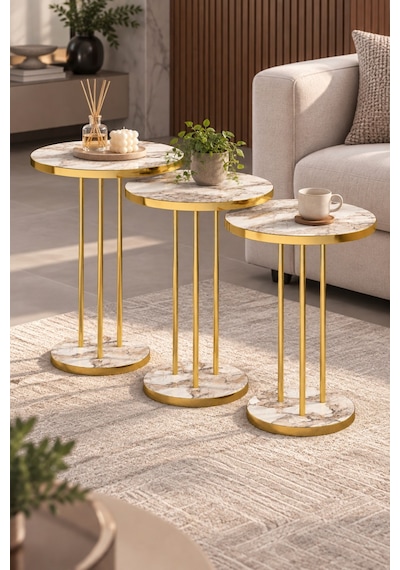 Sulorahome Efes Mermer Desenli Beyaz Ve Gold Metal Ayaklı 3'lü Zigon Sehpa Takımı Tablalar Beyaz Mermer / Ayaklar Gold