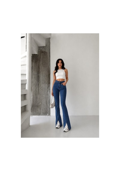 Kene Jeans Mavi Ön Bacak Pens Yırtmaçlı Esnek İspanyol Paça Pantolon Mavi