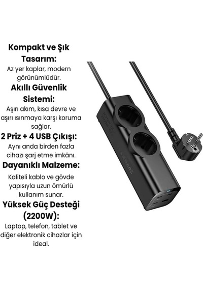 2 Li Akım Korumalı Çoklu Priz 4 Usb Çıkışlı 2200w Hızlı Şarj Destekli Kompakt Tasarım Siyah 1 - 3 M