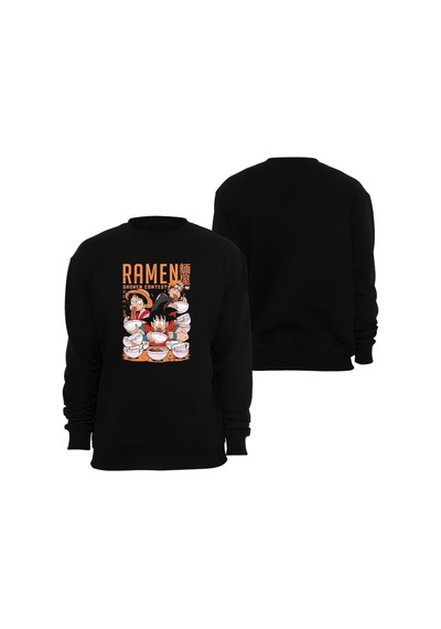 Dragonball Z - Naruto - One Piece - Ramen Anime Baskılı Bisiklet Yaka Sweatshirt Siyah