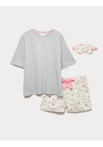 Marks & Spencer Saf Pamuk Desenli Kısa Pijama Takımı T37002241J Gri