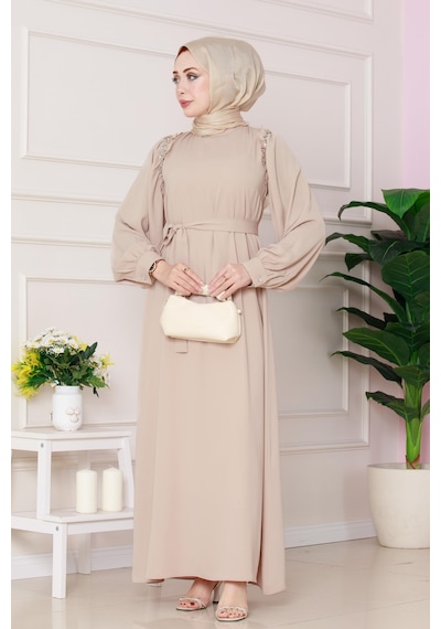 Sevitli Omuzu Taş Detaylı Rose Elbise-bej-4778 Bej