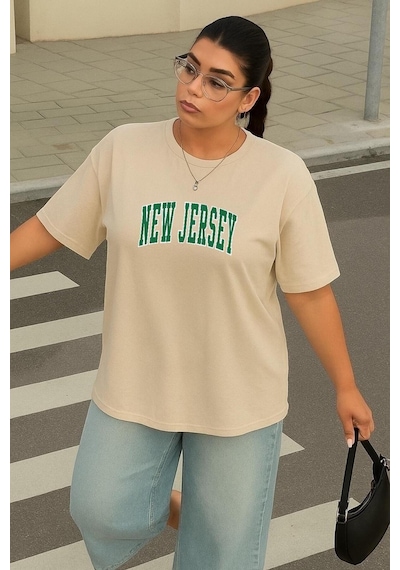 Büyük Beden New Jersey Baskılı Unisex Tişört Bej