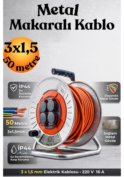 Makaralı Seyyar Uzatma Kablosu 50 Metre Kapaklı 4 Prizli Metal Makaralı 3x1.5 Mm 50 Mt 4'lü Priz Uzatma Kablosu 3x1.5 Mm Metre 50 M