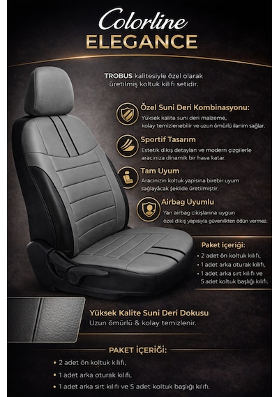 Hyundai Accent Era 2006-2011 Uyumlu Colorline Elegance Deri Füme Siyah Koltuk Kılıfı
