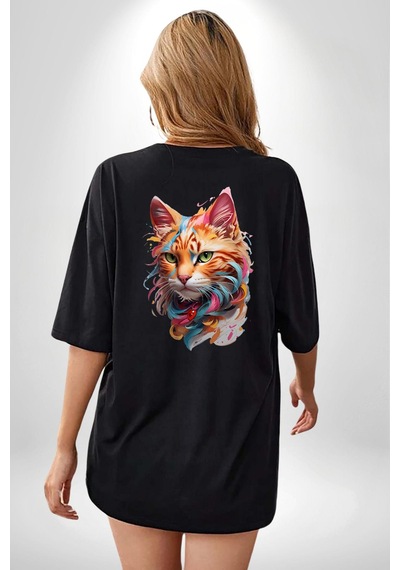 Hayvan Kedi Sanat Potre Siyah Oversize Unisex Ön Ve Sırt Baskılı Tişört Siyah
