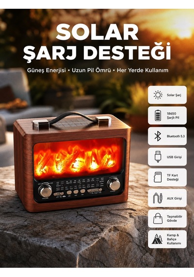 Taşınabilir Şömine Görünümlü Bluetooth Hoparlör Solar Şarjlı, Alev Işıklı, 7w Ses - Lisinya