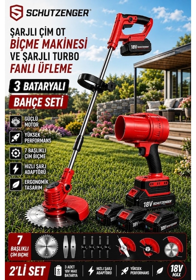 Schutzenger 761RN Şarjlı Ot Çim Biçme Tırpan 3 Batarya Şarjlı Turbo Fanlı Üfleme Makinesi 2 Li Bahçe Seti Kırmızı