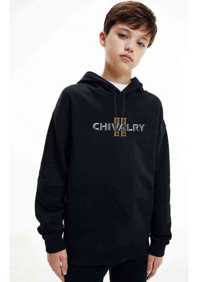 Tshirthane Chivalry Logo S Baskılı Unisex Çocuk Kapüşonlu Siyah Sweatshirt Siyah