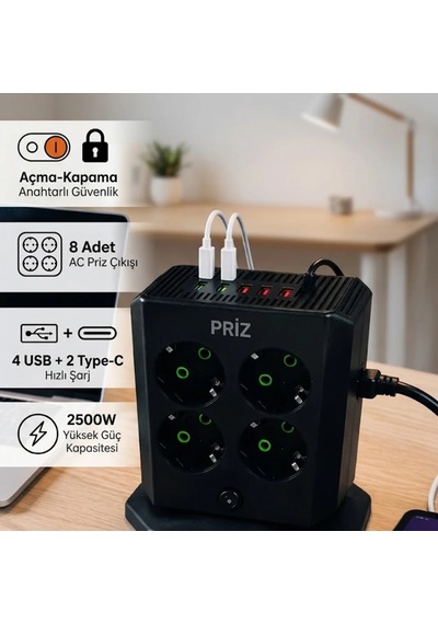 Çoklu Priz Kulesi 8 Çıkışlı 4 Usb 2 Type-c Anahtarlı Diğer