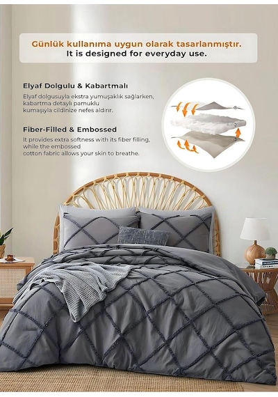 Evlen Home Pamuklu Aimar Yatak Örtüsü Takımı Tek Kişilik Günlük Boho 2 Parça Elyaf Dolgulu Antrasit Koyu Gri Antrasit