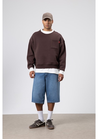 Vamos Bisiklet Yaka Cep Detaylı Oversize Sweatshirt Kahve