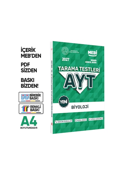 2027 YKS-AYT MEBİ-OGM Biyoloji Özgün Tarama Testleri Kitabı A4 Boyut Renkli Görsel BASKI ÜCRETİ