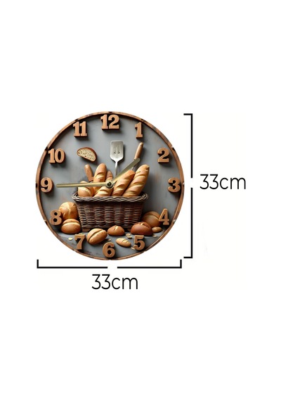 Rustik Ekmek Temalı Mdf Duvar Saati 33 Cm 3d Görünümlü Uv Baskılı Mutfak Dekoru Sdw347 Renkli