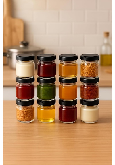 12 Adet 40 Ml Siyah Metal Kapaklı Şeffaf Numune Mama Ek Gıda Şekerleme Reçellik Küçük Cam Kavan
