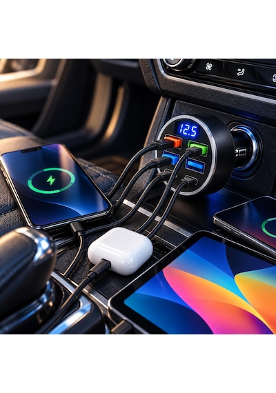 6 Portlu Araç Şarj Cihazı 4 Usb + 2 Type-c, Led Akü Voltaj Göstergeli, 3.1a Çoklu Şarj Soketi, Oto Çakmaklık Usb Adaptörü
