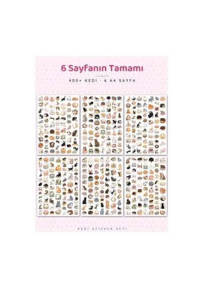 Kedi Sticker Seti 400+ Adet 9 Farklı Boy Suluboya Guaş Ajanda Planner Scrapbook Journal 6 Sayfa A4 Çok Renkli