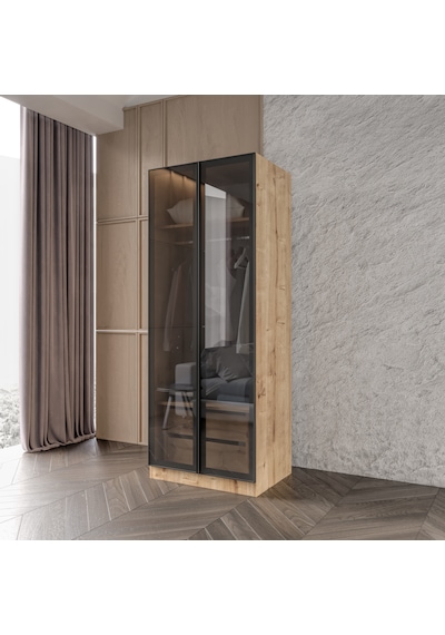 Altay 2 Çekmeceli Giyinme Dolabı Led Askılıklı Tamamı Mdf Füme Camlı Safirmeşe