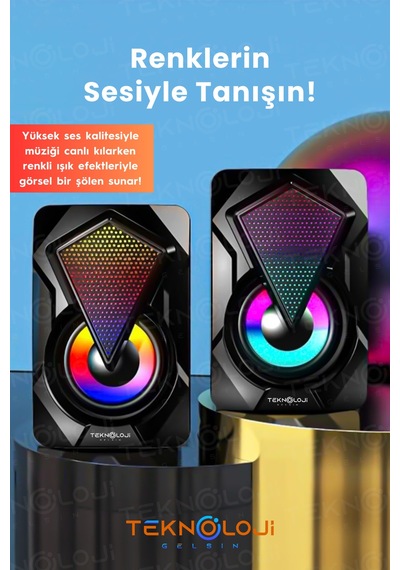 Bilgisayar Hoparlörü Led Işıklı Rgb Laptop Pc Uyumlu 1+1 Speaker