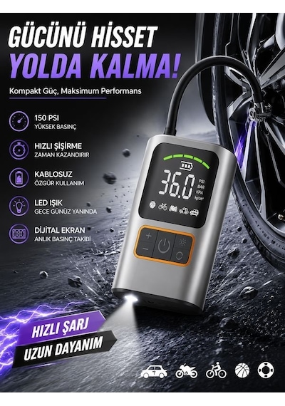 150psı 3600mah Dijital Taşınabilir Araç Hava Kompresörü Powerbank